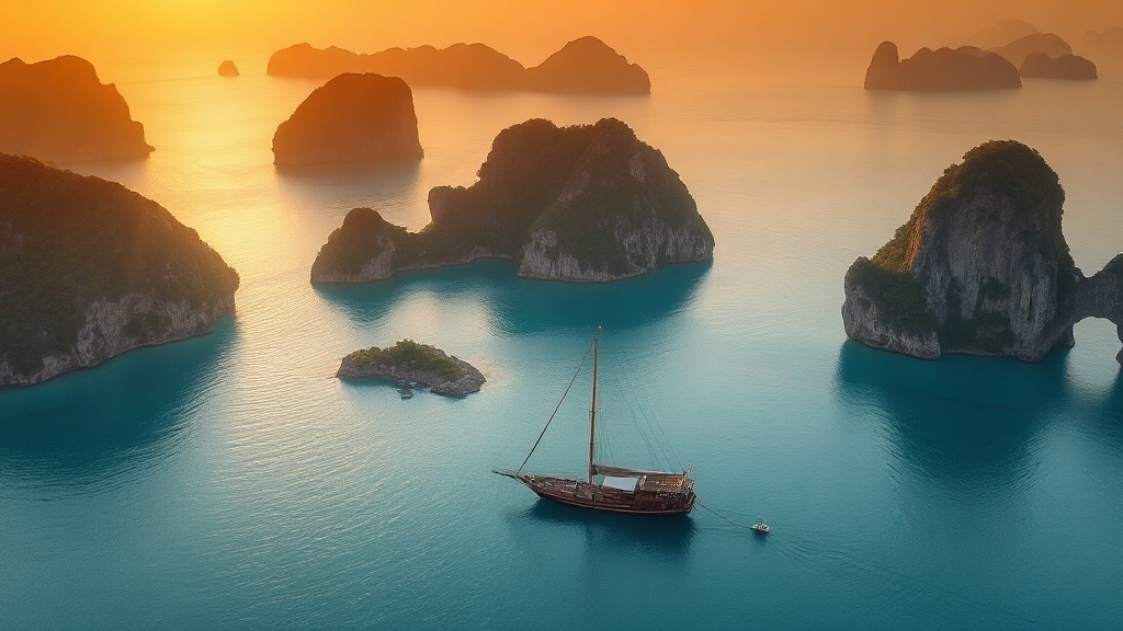 Phinisi yacht anchored among Raja Ampat karst islands at golden hour